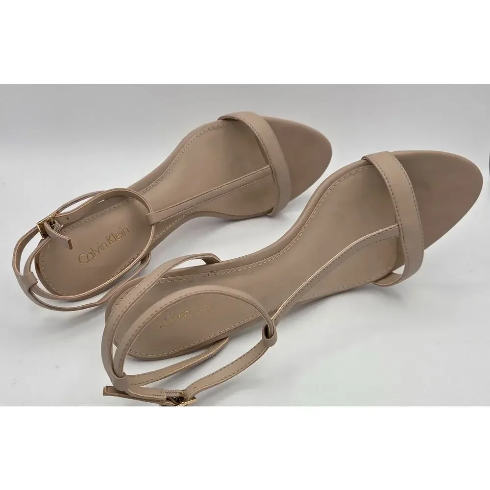 NEW IN BOX Calvin Klein Lola T-Strap Heels Nude Beige Strappy Sandal 9.5 NIB